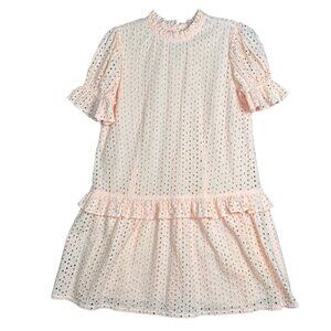 Wishing Waves Eyelet Mini Dress‎ Small Peach Drop Waist Cottage Spring Easter